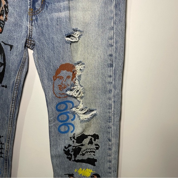 MNML Men's light wash straight leg devil diabolical skull grunge denim jeans 36 - Picture 5 of 11